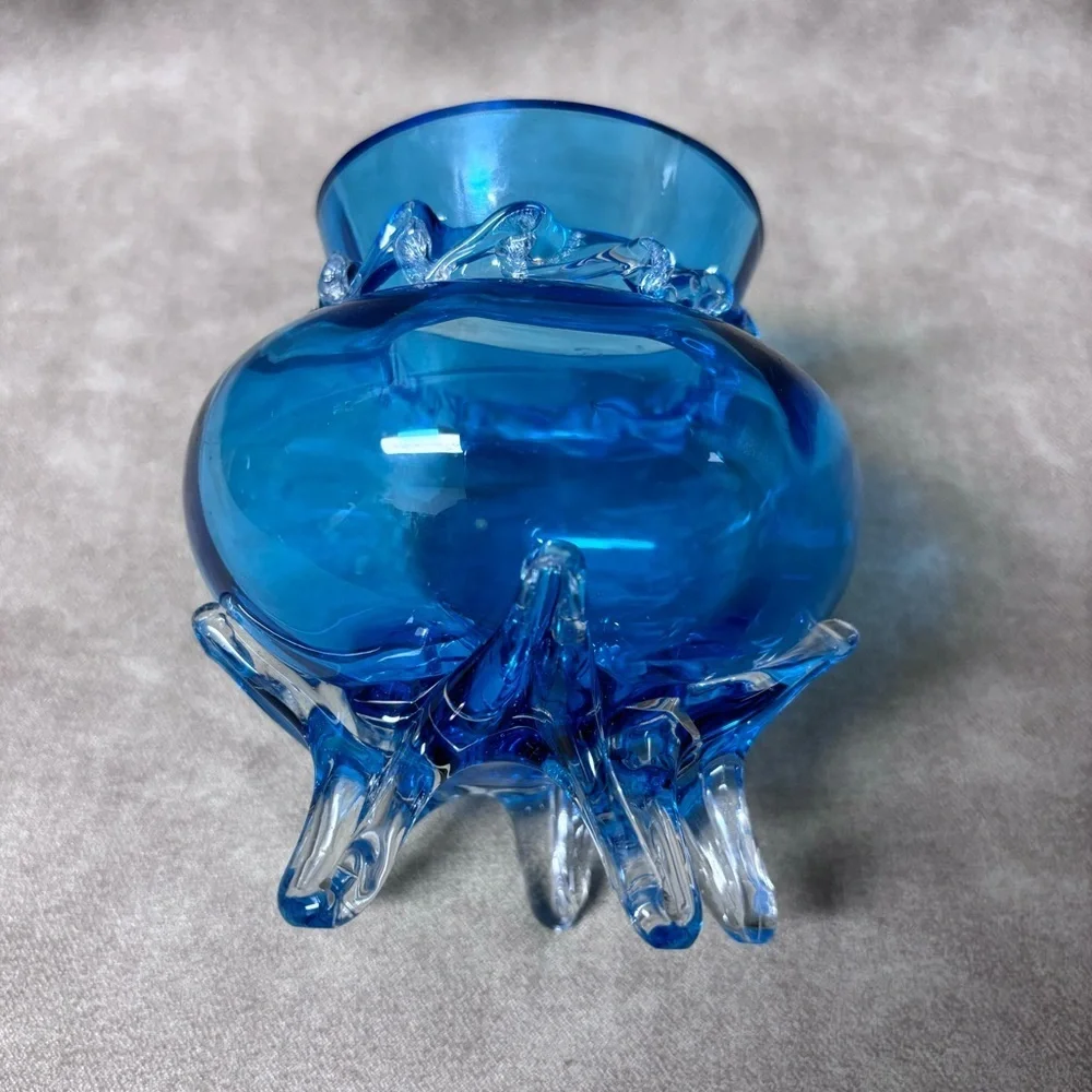 Blue Glass Footed Vase Hand Blown Applied Ribbon Pilgrim Glass Made in USA
